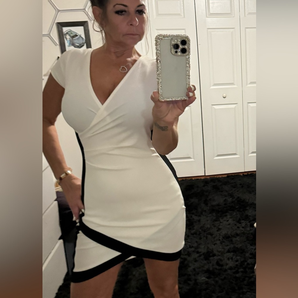 Cream/black dress from Macy’s with asymmetrical cut in front- straight in back